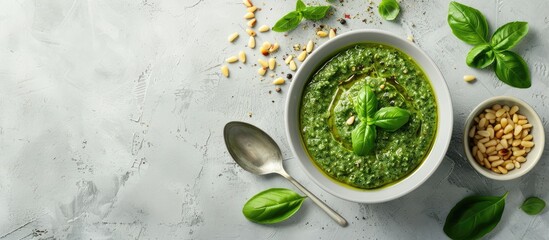 Canvas Print - A bowl of delicious pesto sauce with basil pine nuts and a spoon arranged on a light grey table in a flat lay composition with copy space image