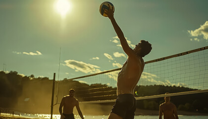 Wall Mural - A man is playing volleyball with two other men