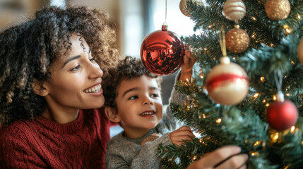 Wall Mural - Family decorating a Christmas tree together