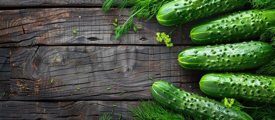 Poster - Crisp cucumbers garnished with dill on a verdant wooden backdrop with copy space image