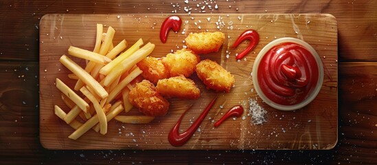 Poster - Close up of a wooden board with a variety of appetizing fast food items like fries nuggets and sauces creating a visually appealing copy space image