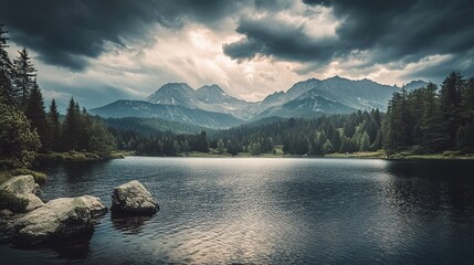 Canvas Print - Stunning mountain lake in the High Tatra National Park. Dark, dramatic sky. Strbske pleso, Slovakia, Europe. Natural beauty. Vintage style filter. Instagram effect.