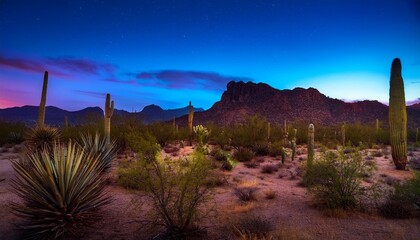 colorful bioluminescent sonoran desert at night with cactus and mountains by generative ai