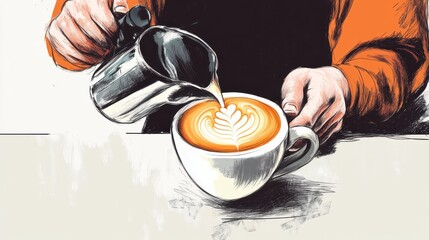 A barista making a latte, coffee element, handdrawn illustration, detailed and skillful, isolated on white background