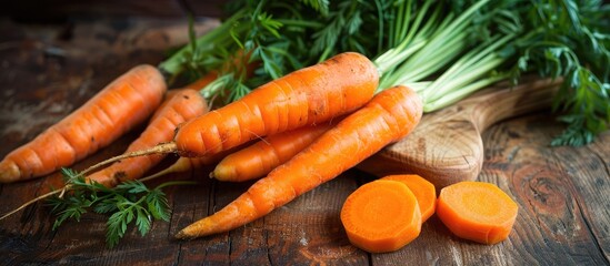 Aufkleber - Carrots both whole and sliced arranged on a wooden surface for a flat lay composition with room for adding text alongside the image. Creative banner. Copyspace image