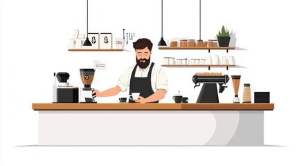 A barista working in a modern coffee shop, coffee element, realistic style, sleek and stylish, isolated on white background