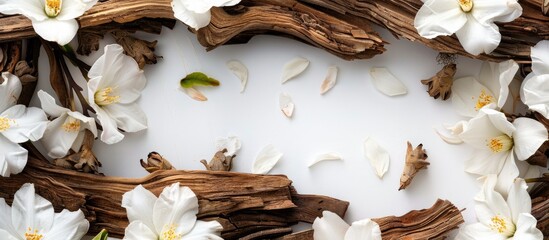 Poster - White background with jasmine flowers and bark ideal for hair treatment creating an appealing flat lay copy space image
