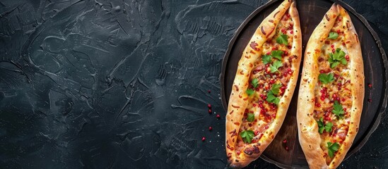 Aufkleber - Top view of a Turkish pizza known as traditional baked pide a Middle Eastern snack against a dark background with ample copy space image