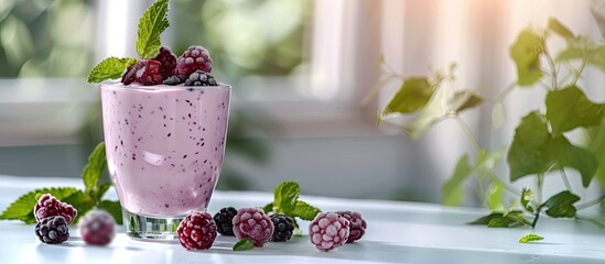Aufkleber - Mulberry concoction with fresh berries and mint in a portioned glass on a white kitchen table with copy space image