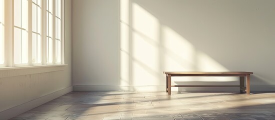 Fototapete - Modern empty room with light coming through window wall presenting a table with ample copy space image