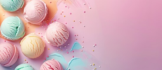 Poster - Banner design featuring a variety of ice cream scoops arranged on a colorful backdrop with space for text or images. Creative banner. Copyspace image