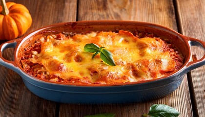 Wall Mural - pumpkin lasagna delight in colorful pan on wooden table