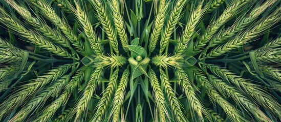 Poster - Fertile agricultural land with a symmetrical pattern of green cereal crop sprouts such as wheat barley and rye creating a picturesque copy space image