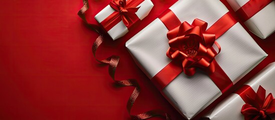 Poster - Top down view of gift boxes with a red ribbon on a matching red background creating an appealing copy space image