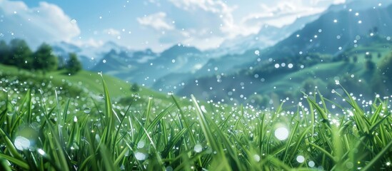 Aufkleber - Mountain landscape with green grass background sparkling water droplets and a blue sky creating a serene copy space image