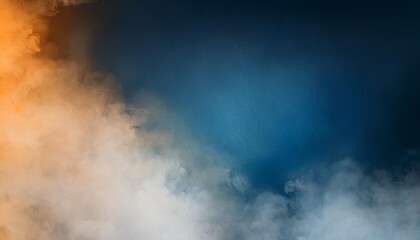 Wall Mural - dark blue and orange background abstract beige or white smoke fog or clouds in center with dark border grunge design elegant corner design in soft painted illustration