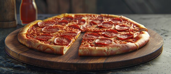 Poster - A pepperoni pizza cut into six slices is displayed on a wooden platter in a copy space image