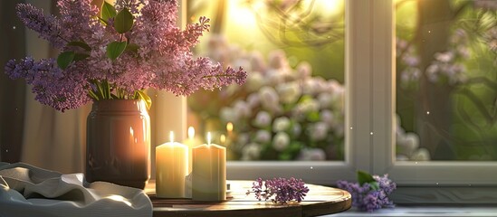 Poster - Home decor featuring a vase with lovely lilac blooms candles on a table and a copy space image available
