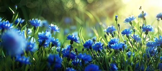 Poster - Blue cornflowers blooming beautifully in an ornamental garden creating a colorful and vibrant scene with a green backdrop perfect for a copy space image