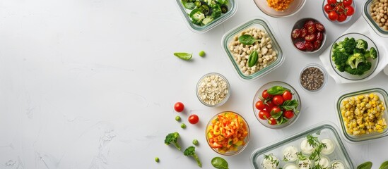 Poster - Glass containers with various healthy meals on a white backdrop in a flat lay composition with ample space for text in the image