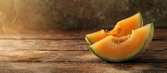 Aufkleber - Fresh sliced muskmelon isolated on a wooden background with copy space image