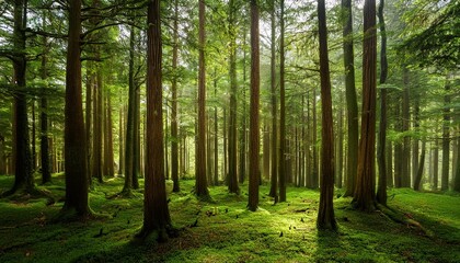 Wall Mural - thick forest with tall green trees