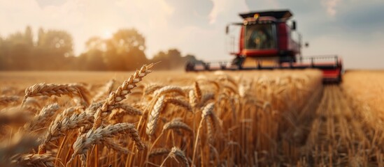 Poster - A close up image of mature wheat in a farm field with a combine harvester in a blurred background providing ample copy space for additional elements