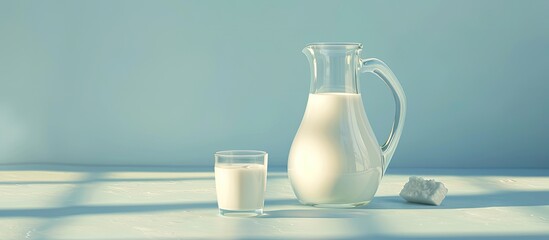 Wall Mural - Fresh milk in a carafe and glass is placed on a table set against a light blue background creating a perfect copy space image