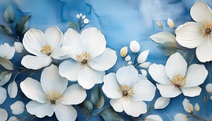 painted white flowers on a blue background watercolor drawing wall decor grunge style photo wallpapers