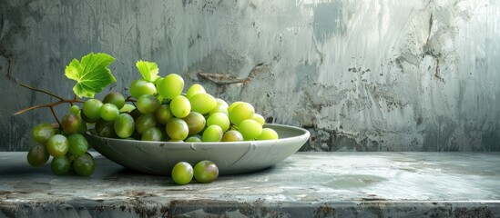 Poster - Plate with juicy green grapes and foliage on weathered grunge background perfect as a copy space image