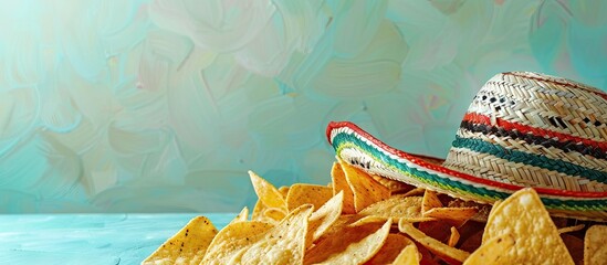 Poster - A flat lay image featuring nacho chips and a Mexican sombrero hat on a light blue backdrop with ample space for text integration