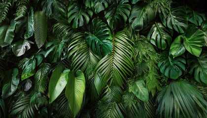 Wall Mural - dark green plants growing in a lush foliage background of tropical leaves like anthurium epiphytes or ferns forming a beautiful green plant wall design in a cloud forest