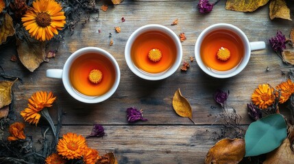 A top-down view of tea cups filled with calendula herbal tea, surrounded by dried flowers like Chernobrovtsi and autumn leaves, set on a vintage wooden table, capturing the essence of medicinal herbs