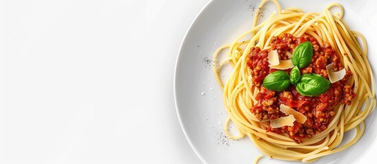 Poster - A plate of spaghetti bolognese showcased for articles recipe books or design work next to copy space image