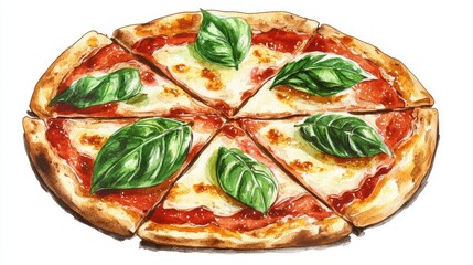 A pizza with fresh basil leaves, food element, watercolor illustration, fragrant and green, isolated on white background