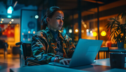 Wall Mural - A woman in a wheelchair is using a laptop computer