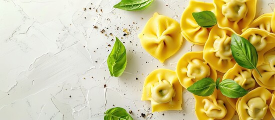 Poster - Italian pasta filled with basil leaves such as tortelli or tortelloni creating a copy space image