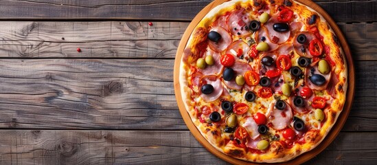 Poster - Top view photo of delicious pizza with cured ham olives sun dried tomato and pepper on a wooden surface ideal for adding text. Creative banner. Copyspace image