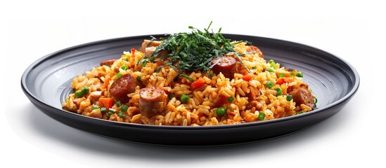 Poster - Indonesian sausage fried rice on a black plate with seaweed on a white background for a copy space image