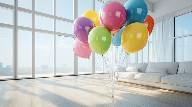 A whimsical 3D illustration of colorful balloons flying in a bright, airy room with minimalist decor and large windows.