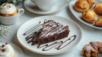 A white plate with a slice of chocolate cake drizzled with chocolate sauce, surrounded by freshly baked pastries and a cup of cappuccino, ideal for a sweet morning treat