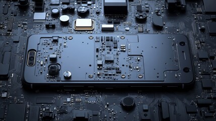 Poster - A modular smartphone is placed on a circuit board, highlighting its design and various components for easy upgrades.