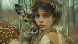 Young woman and deer sharing a close, intimate moment.