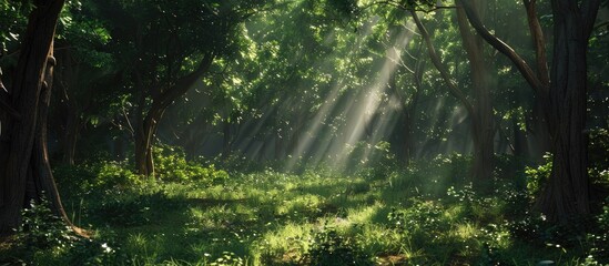 Poster - Tranquil woodland scene with sunlight filtering through dense green forest creates a peaceful ambiance perfect for environmental conservation themes in this spate copy space image