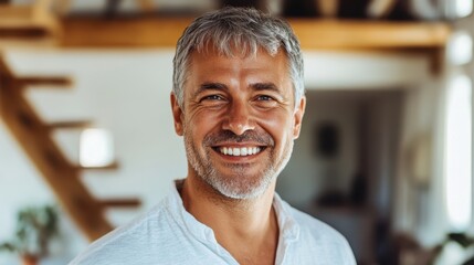 Wall Mural - Smiling Mature Man with Gray Hair in Cozy Home Interior