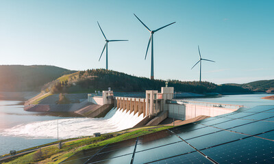 generating electricity from renewable power sources. a concept of solar panels, dams, and wind turbi