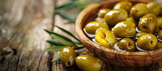 Aufkleber - Green olives soaked in rich extra virgin olive oil on a rustic wooden table presented in a close up copy space image Organic Mediterranean cuisine