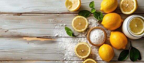 Poster - White wooden table with baking soda vinegar and lemons displayed with a designated space for adding text in the image. Creative banner. Copyspace image