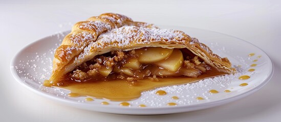 Poster - A white plate holds an apple pie danish featuring apple filling powdered sugar crumble and set against a white background with copy space image