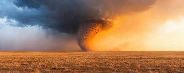 A dramatic tornado forms against a breathtaking sunset, showcasing the power and beauty of nature's storms in an open landscape.